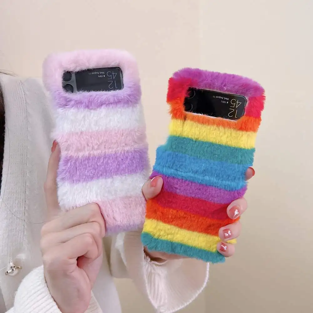 Phone Case Simple Pure Color Rainbow Stripes Soft Fur Plush Fluffy Rubber Foldable Cover For Samsung Galaxy Z Flip3 Shell Skin