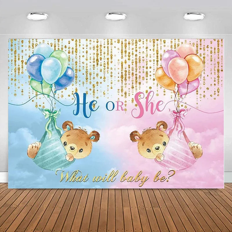 Gender Reveal Fondale Lui O Lei Bear What Will Baby Be Photography Background Blue Pink Clound Boy Girl Party Decoration Banner