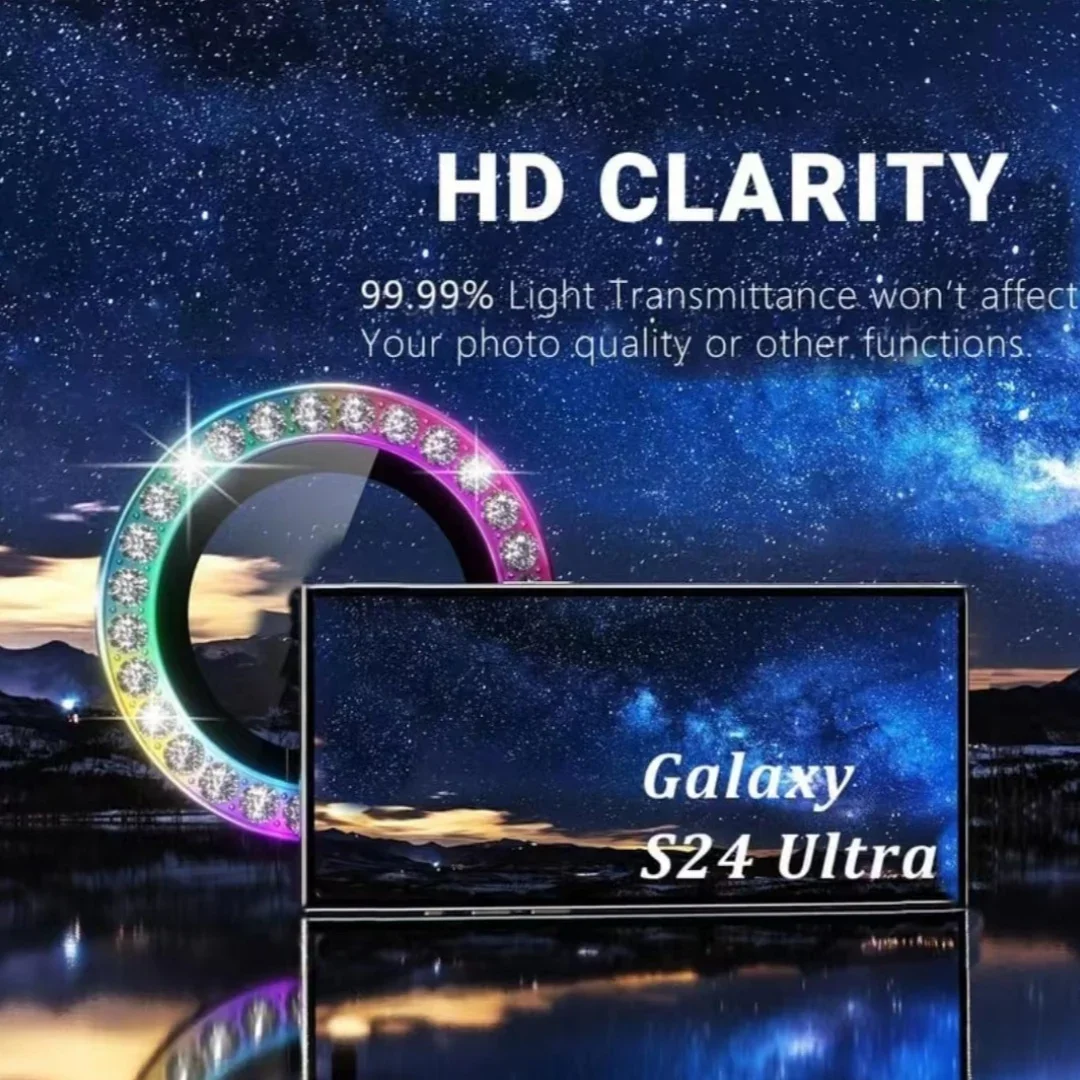 Bling 3D Diamond Alloy + Hd Glass Camera Rings Protector Per Samsung Galaxy S24 Ultra S23Ultra Glitter Metal Lens Cap Film Cover