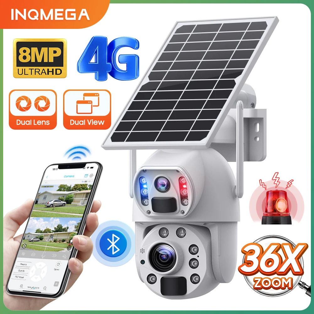 2024 Best 8Mp 36X Zoom 4G Camera Pir Human Detection Outdoor Wifi Batteria Solare Telecamera Ptz Full Metal Housing Allarme Rosso-Blu La