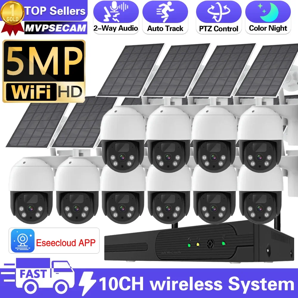 Sistema Di Telecamere Di Videosorveglianza Wifi A Bassa Potenza Da 5Mp 10Ch P2P Wifi Nvr Set 2 Kit Di Sicurezza Per Telecamere Solari Cctv Con Rilevam