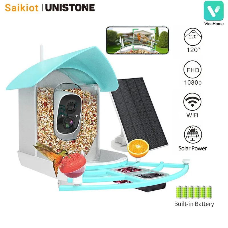 Saikiot 1080P Smart Bird Feeder Con Fotocamera Solar Powered Bird Buddy Mangiatoia Per Uccelli Intelligente Impermeabile Con Fotocamera Wireless Outdo