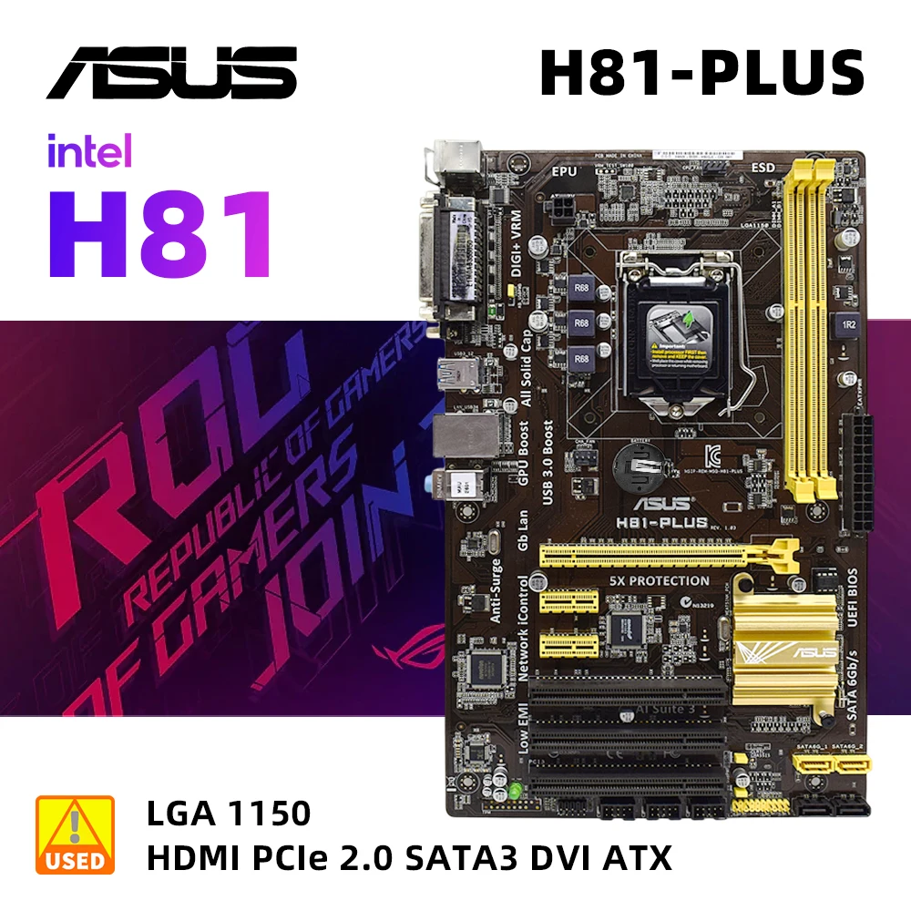 Asus H81-Plus + I3 4130 Set Scheda Madre Intel H81 Lga 1150 Core I3/I5/I7 Ddr3 Dimm 16Gb Sata3 Dvi Vga Atx