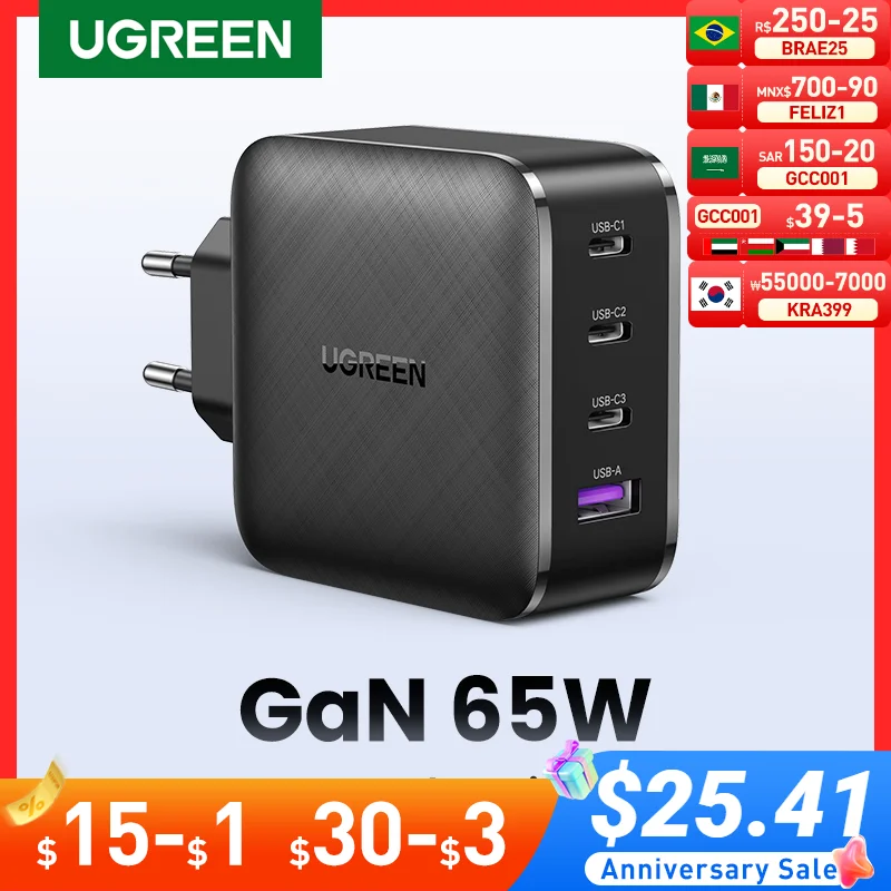 Ugreen 65W Gan Caricabatterie Quick Charge 4.0 3.0 Tipo C Pd Caricatore Usb Con Qc 4.0 3.0 Caricabatterie Rapido Per Iphone 13 12 Xiaomi Laptop