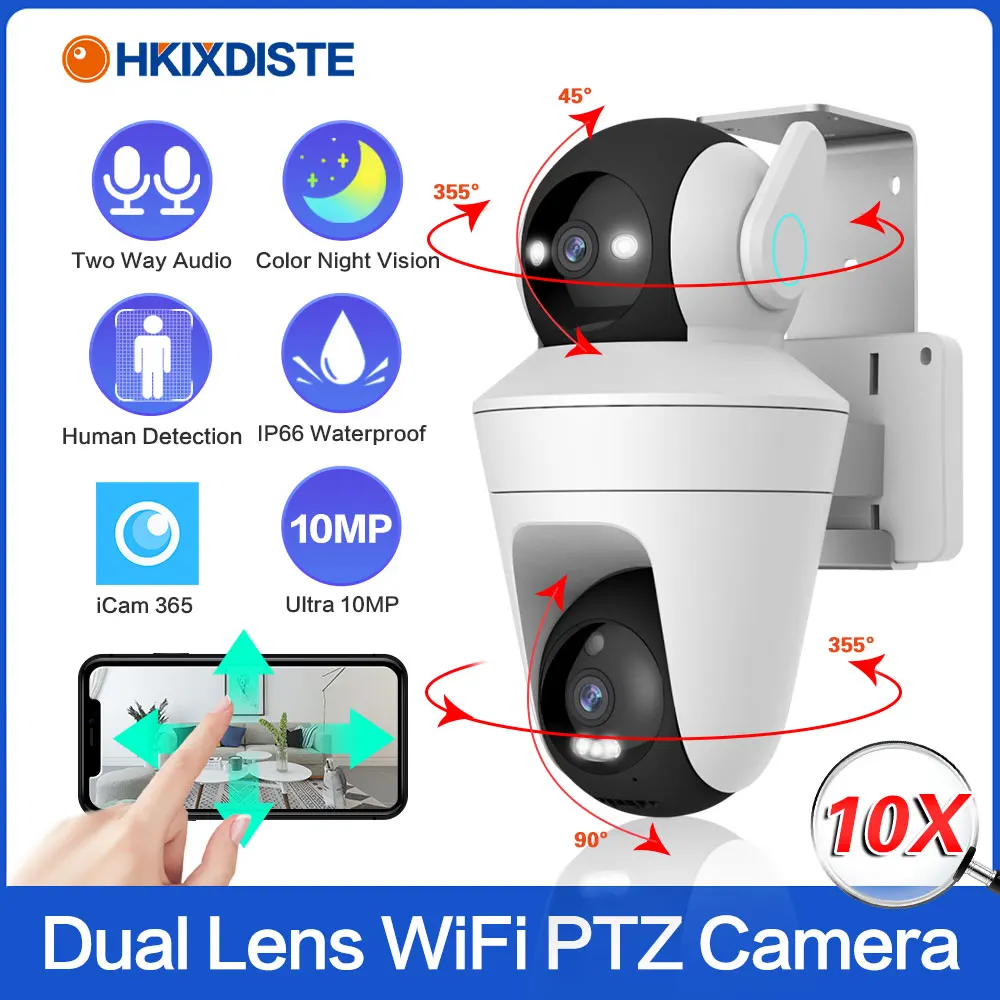 10X Zoom Cctv Ptz Wifi Camera 5Mp Dual Lens Con Doppio Schermo Auto Tracking Telecamera Di Sicurezza Per Videosorveglianza Esterna Wireless