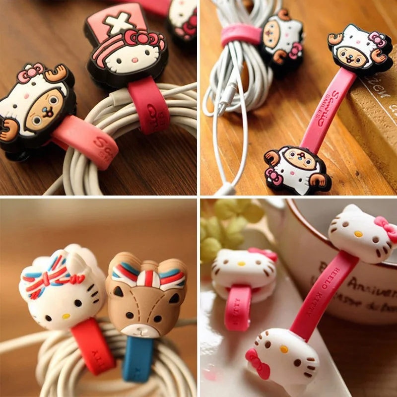 2Pcs Sanrio Kawaii Hello Kitty Kt Cat Cartoon Silicone Auricolare Winder Hub Data Cable Organizer Girl Mini Binding Tape Girl Gift