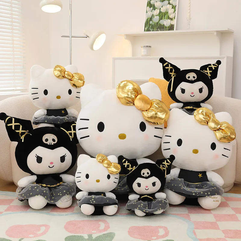 Cartoon Cute Plush Dolls Sanrioed Black Gold Kuromi Hello Kitty Peluche New Black Gold Kt Wedding Doll Gifts Kids Birthday