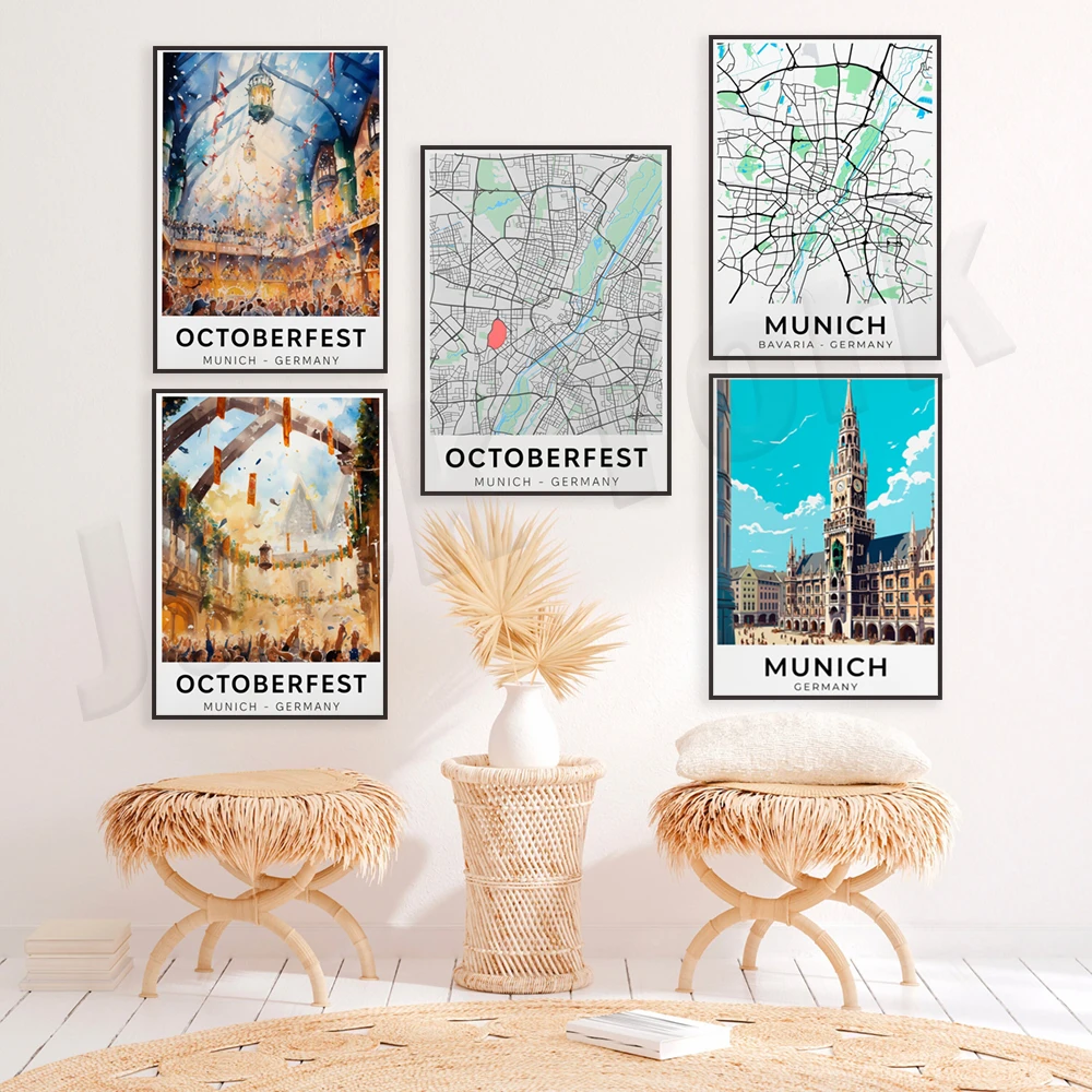 Monaco City Print, Monaco Marienplatz, Oktoberfest, Mappa Di Monaco, Festa Del Festival Popolare, Ottoberfest, Poster Di Viaggio Della Germania Di Mon