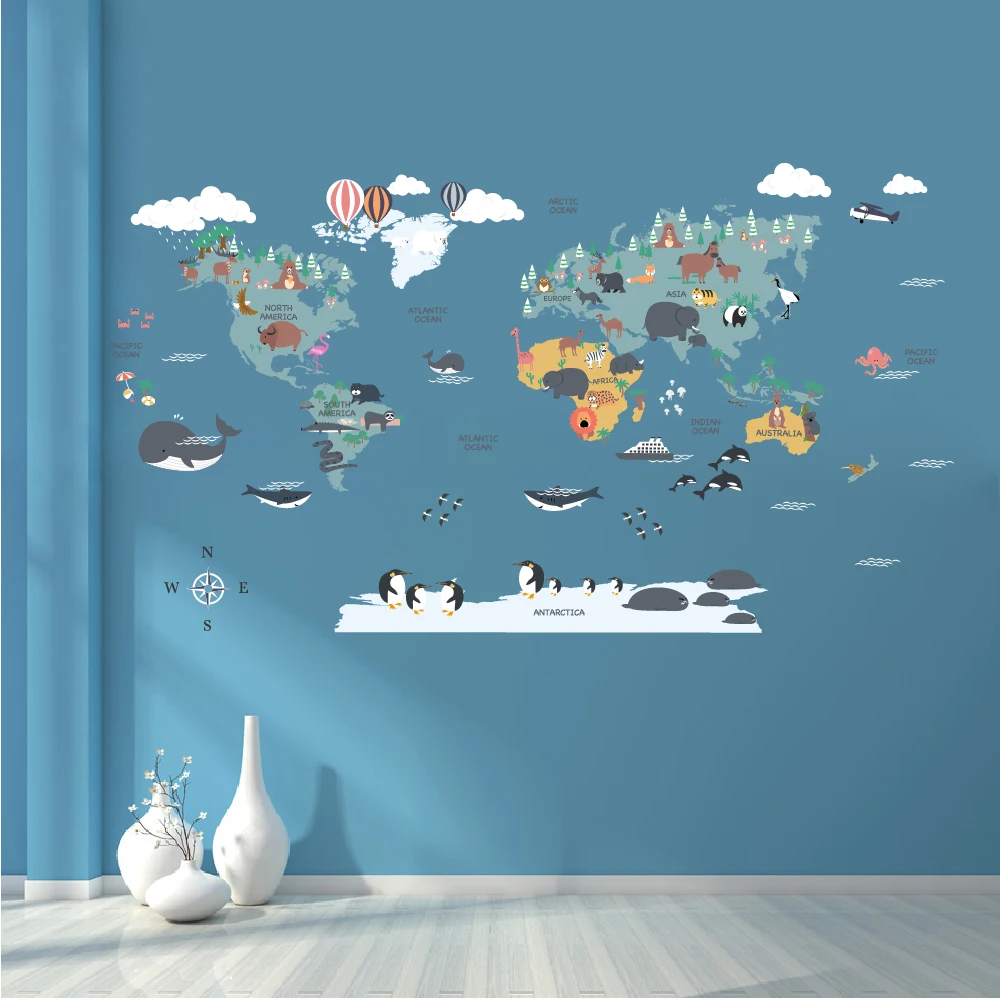 Cartoon Animals World Map Wall Sticker Per La Camera Dei Bambini Autoadesivo Cute Animal Map Wall Decal School