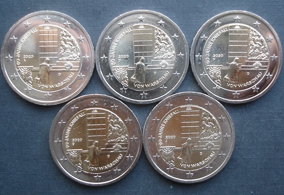 Germania 2020 Moneta Commemorativa Warsaw Inginocchiato Adfgj Standard Cinque Pezzi 2 Euro Unc Nuovo Di Zecca