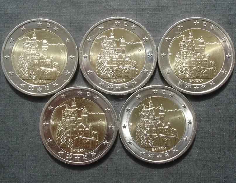 Germania 2012 Moneta Commemorativa Bavaria New Swan Castle Adfgj Standard Cinque Pezzi 2 Euro Unc Nuovo Di Zecca
