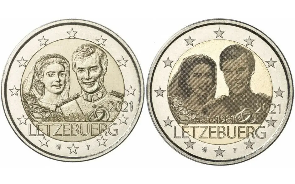 Lussemburgo 2021 Versione In Rilievo E Versione Film Moneta Commemorativa Due Henry Grand Duke Sposato 40 Th Anniversary 2 Euro