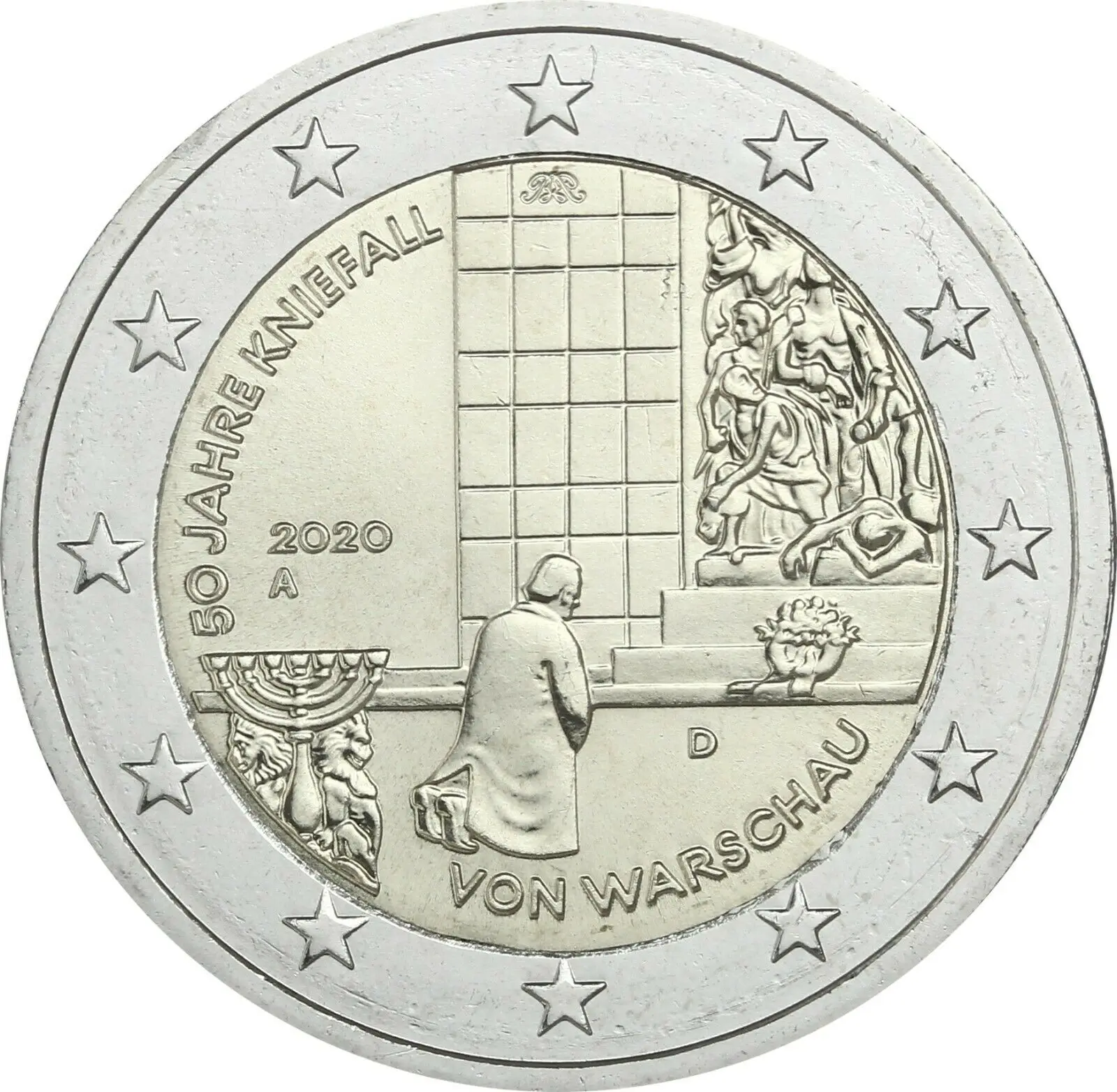 Germania 2020 Moneta Commemorativa Warsaw Kneeling Event 50 Th Anniversary 2 Euro Unc Nuovo Di Zecca