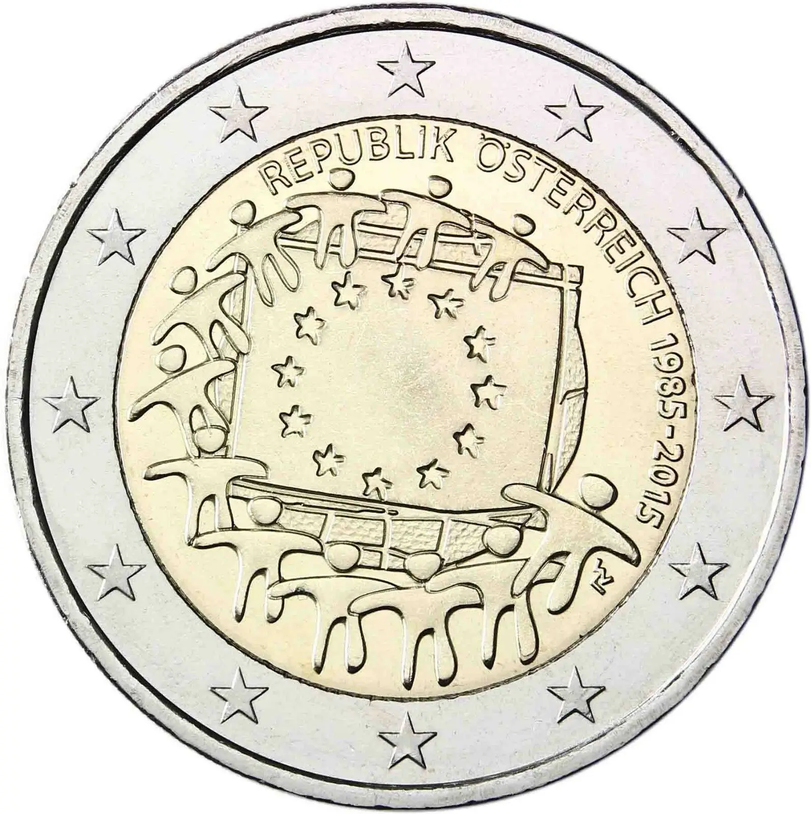 Austria 2015 Moneta Commemorativa Bandiera Dell'Europa 30 ° Anniversario 2 Euro Unc Nuovo Di Zecca