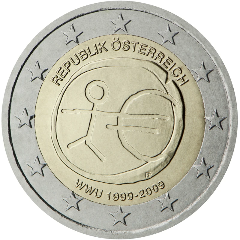 Austria 2009 Moneta Commemorativa 10 ° Anniversario Dell'Unione Economica E Moneta 2 Euro Unc