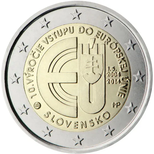 Il 10 ° Anniversario Della Slovacchia Di Adesione Alla Moneta Commemorativa Dell'Unione Europea 2014 2 Euro Unc Nuovo Di Zecca