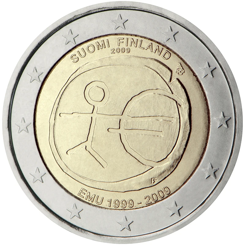 Finlandia 2009 Moneta Commemorativa 10 ° Anniversario Dell'Unione Economica E Moneta 2 Euro Unc Nuovo Di Zecca