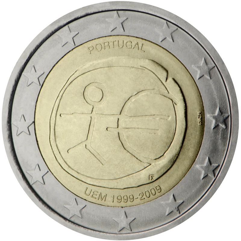 Portogallo 2009 Moneta Commemorativa 10 ° Anniversario Dell'Unione Economica E Moneta 2 Euro Unc
