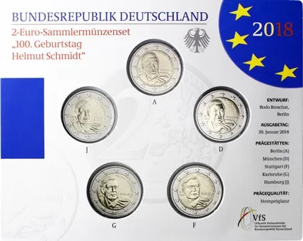 Germania 2018 Moneta Commemorativa Compleanno Di Schmidt Centennial Adfgj Contrassegnato Cinque Pezzi 2 Euro
