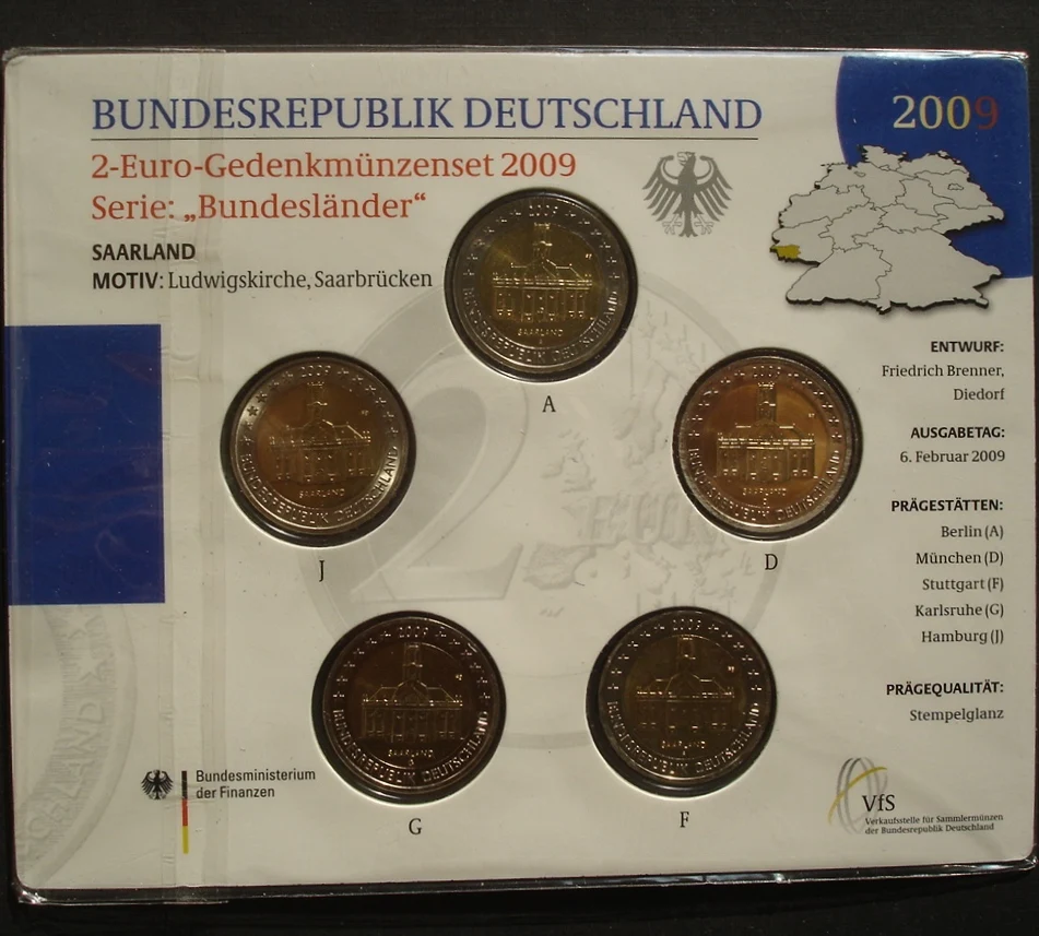 Germania 2009 Moneta Commemorativa Sabrenken Ludwig Church Cinque Pezzi 2 Euro