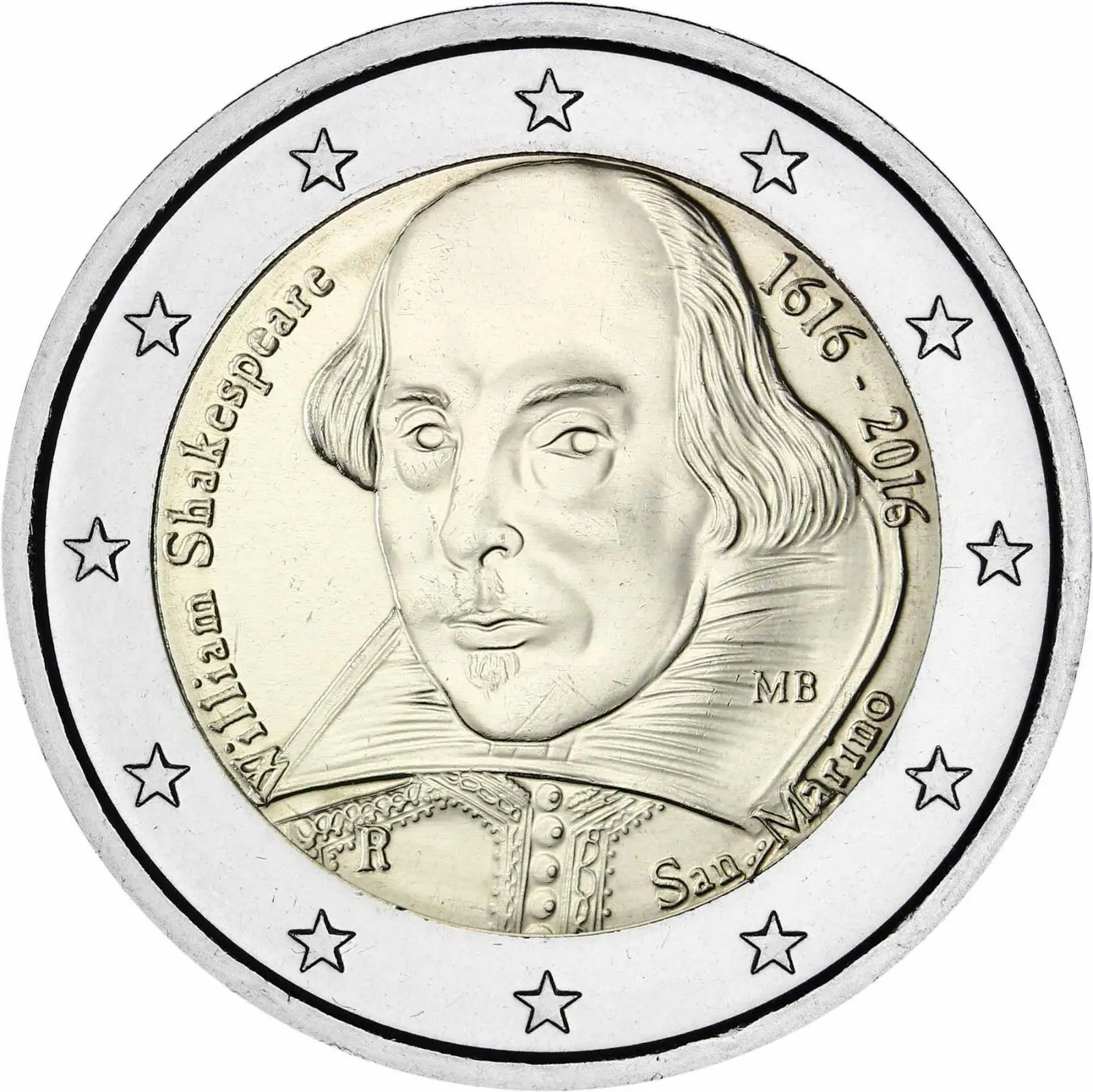 San Marino 2016 Moneta Commemorativa Il 400 ° Anniversario Della Morte Di Shaker'S 2 Euro Unc Monete Nude Nuove Di Zecca