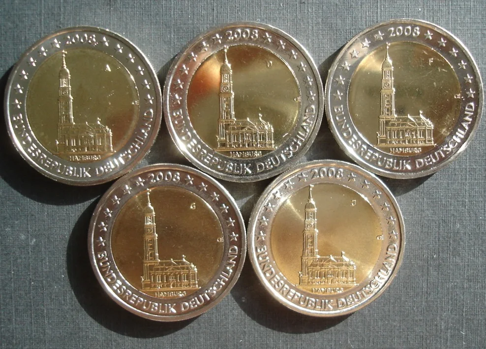 Germania 2008 Moneta Commemorativa Amburgo St Michel Cattedrale Adfgj Standard Cinque Pezzi 2 Euro Unc Nuovo Di Zecca