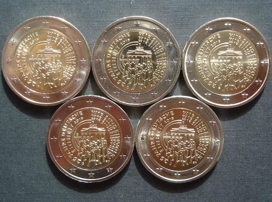 Germania 2015 Moneta Commemorativa 25 ° Anniversario Dell'Unificazione Tedesca Adfgj Contrassegnato Cinque Pezzi 2 Euro Unc Nuovo Di Zecca