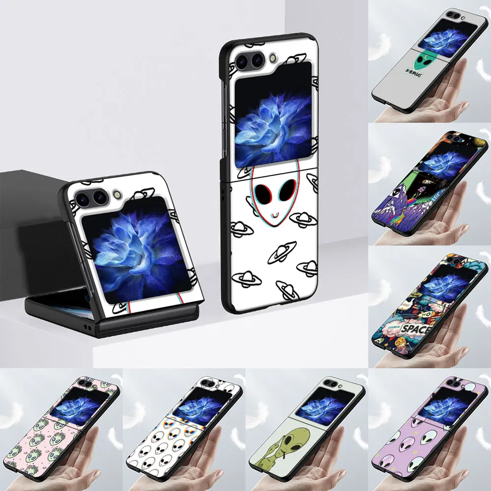 Cartoon Alien Space Case Per Samsung Galaxy Z Flip5 Borsa Per Cellulare Z Flip 5 Hard Pc Cover Nera Zflip5 Guscio Protettivo Pieghevole