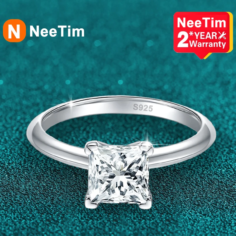 Neetim 2Ct Vvs1 Princess Cut Moissanite Diamond Ring Per Le Donne S925 Sterling Silver Eternity Band Wedding Party Jewelry Con Gra