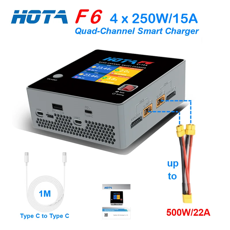 Hota F6 Smart Charger A 4 Canali Dc1000W 4 * 15A Per Lipo Liion Nimh Lipo Modello Di Controllo Remoto Balance Charger Usb Type-C