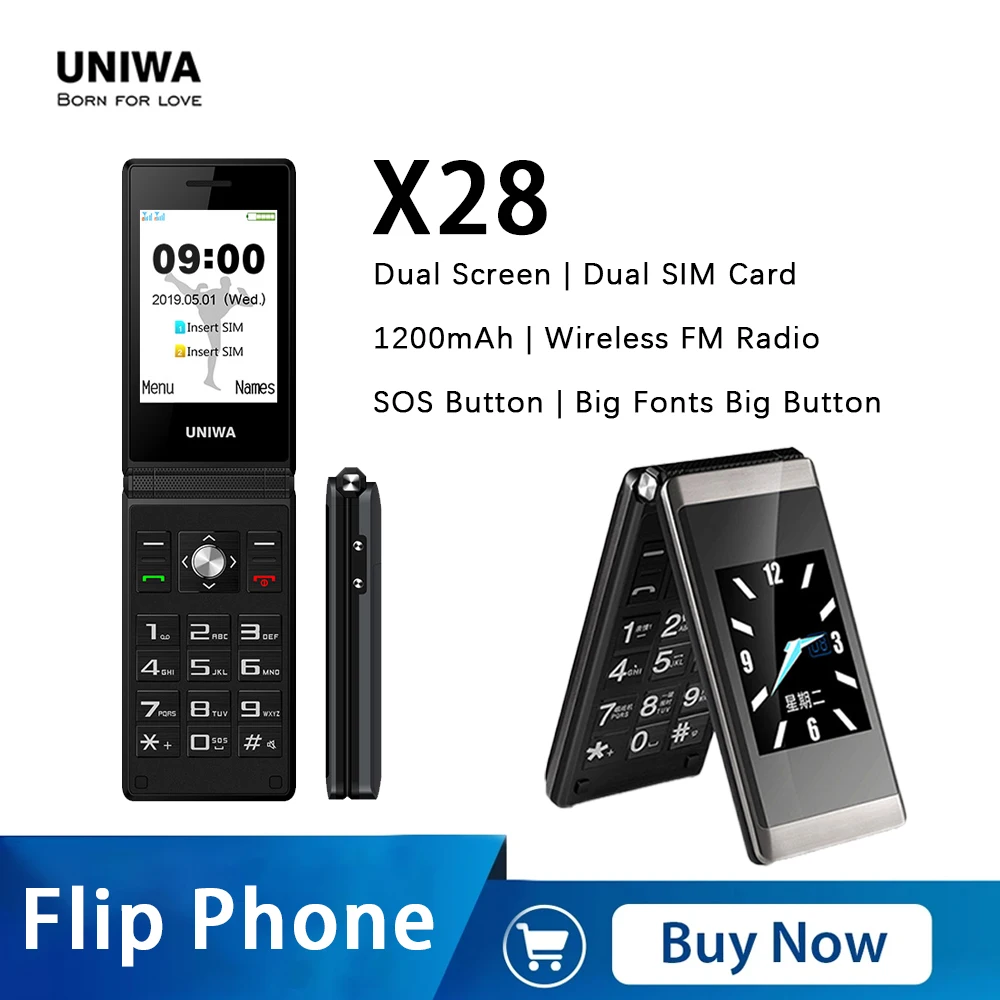 Uniwa X28 2G Gsm Flip Phones Pulsante Grande Per Senior 1200Mah Cellulare Radio Fm Tastiera Araba Ebraica Russa Telefono A Conchiglia Sos