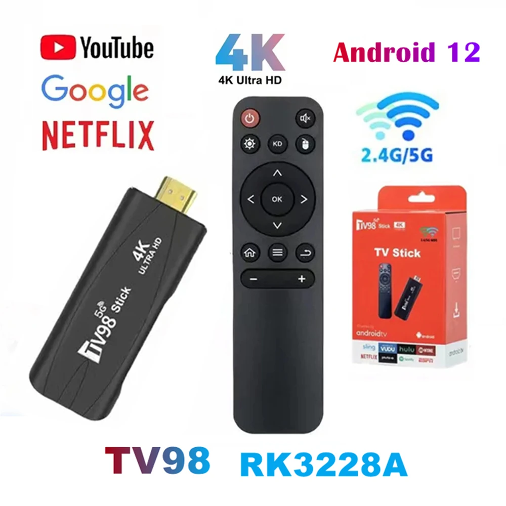 Tv98 Mini Tv Stick 4K Smart Tv Android12.1 Box 2.4G 5G Wifi Hd 4K Rk3228A Dual Frequency Tv Box Lettore Multimediale Portatile Per Youtub