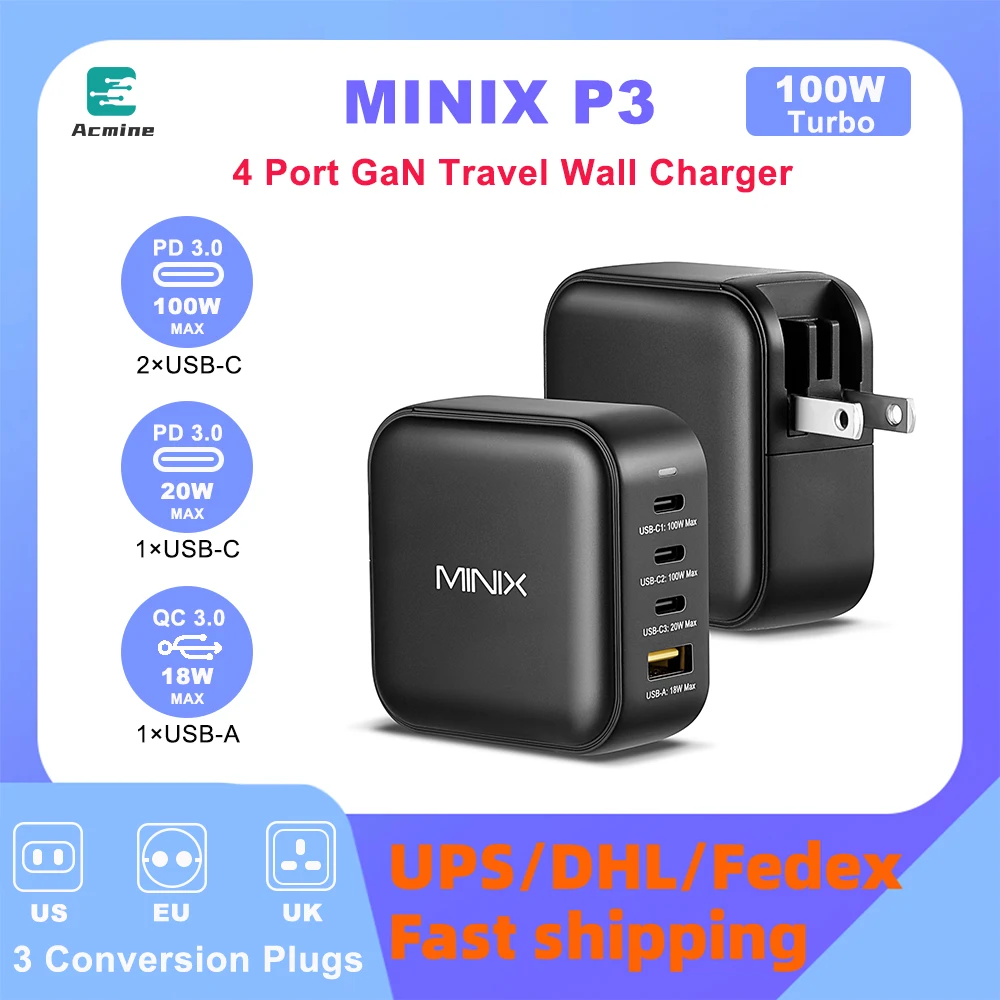 Minix P3 100W Gan Travel Charger Hub Da Ufficio Per Telefono Tablet Laptop Console Wall