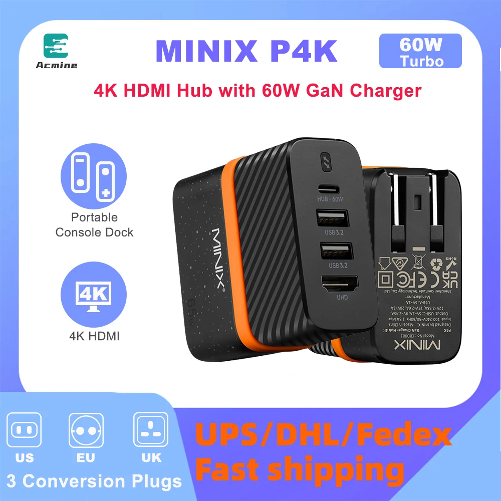 Minix P4K 60W Gan Travel Charger Office Hub 4K Per Telefono Tablet Laptop Console