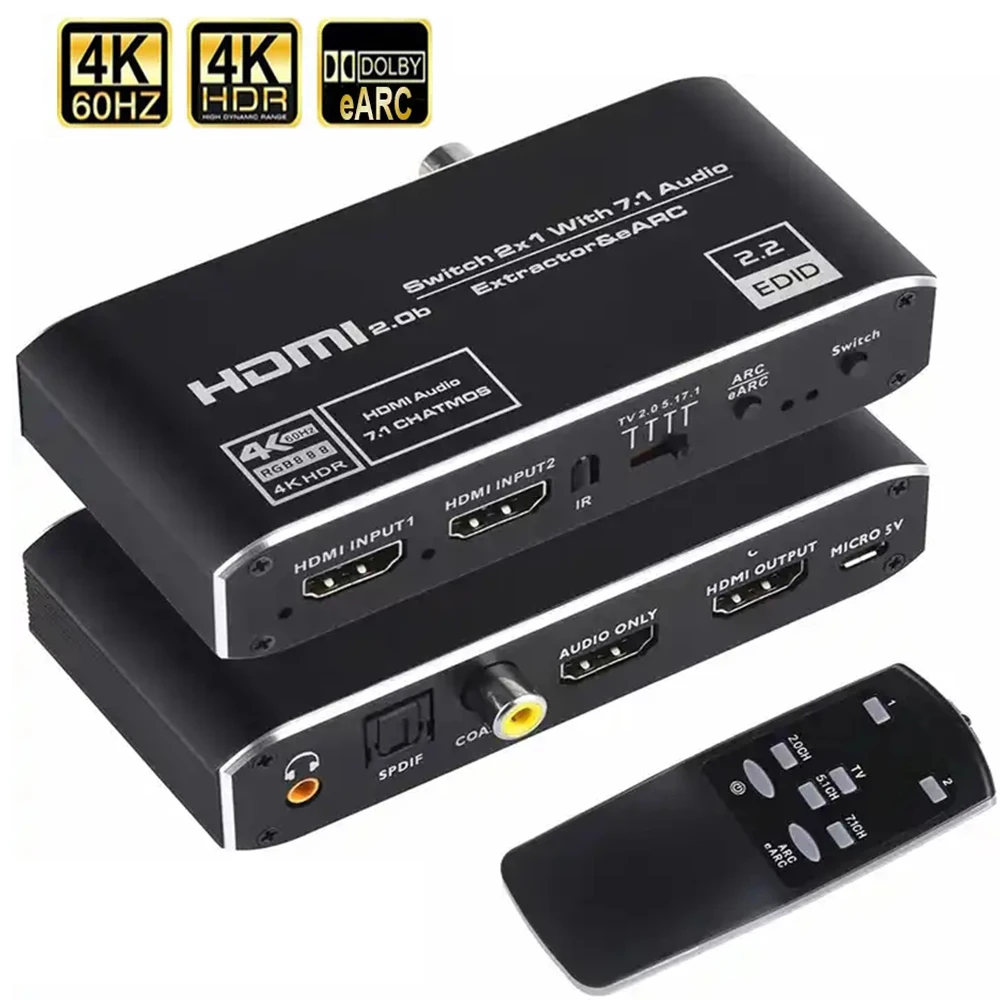 2X1 4K 120Hz Hdmi Switch Earc Audio Extractor Arc Optical Toslink Hdmi 2.0 Switch 4K 60Hz Hdmi Switcher Remote Per Apple Tv Ps4