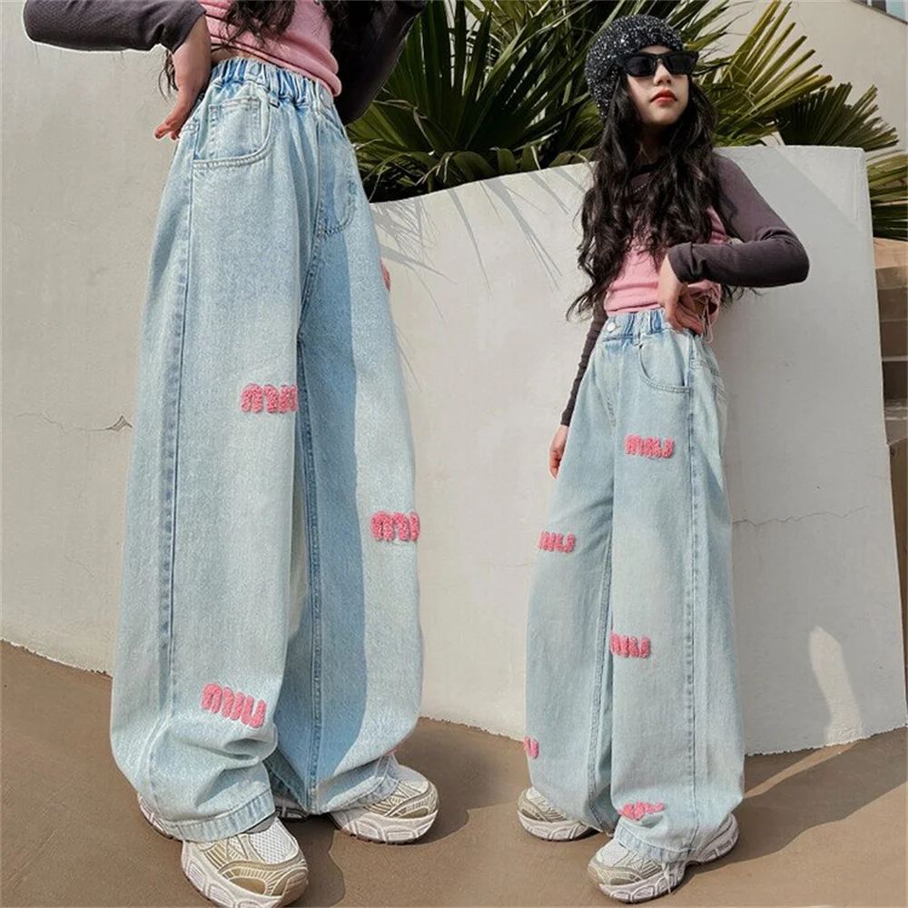 Primavera Nuovi Jeans Per Bambini Moda Croce Rossa Fiore Asciugamano Ricamato Pantaloni Gamba Larga Jeans Da Ragazza Pantaloni Casual