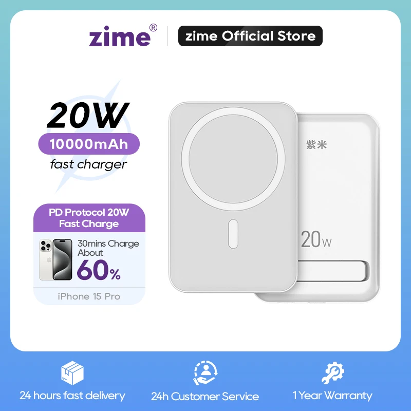 Zime Power Bank 10000Mah Wireless Magnetic Fast Charging Magsafe Mini Portatile Per Apple 15/14/13/12 Pro Max Batterie Externe
