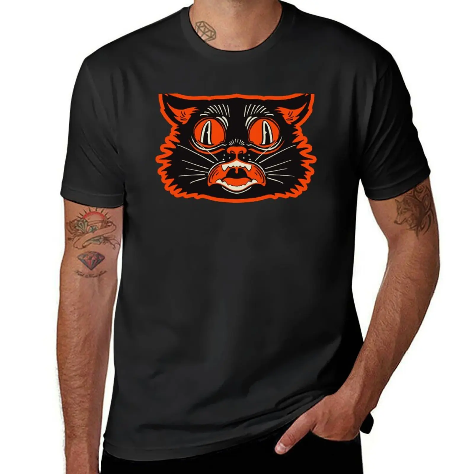 Retro Vintage Halloween Black Cat T-Shirt Con Viso Agitato Vestiti Carini Tees Customs Progetta La Tua Camicia Da Allenamento Da Uomo