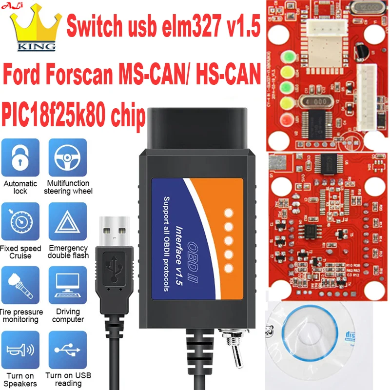 Originale Elm327 Switch V1.5 Usb Pic18F 25 K80 Chip Hs-Can / Ms-Can Per Forscan Elm327 V1.5 Per Ford Obd2 Cable Diagnostic Scanner