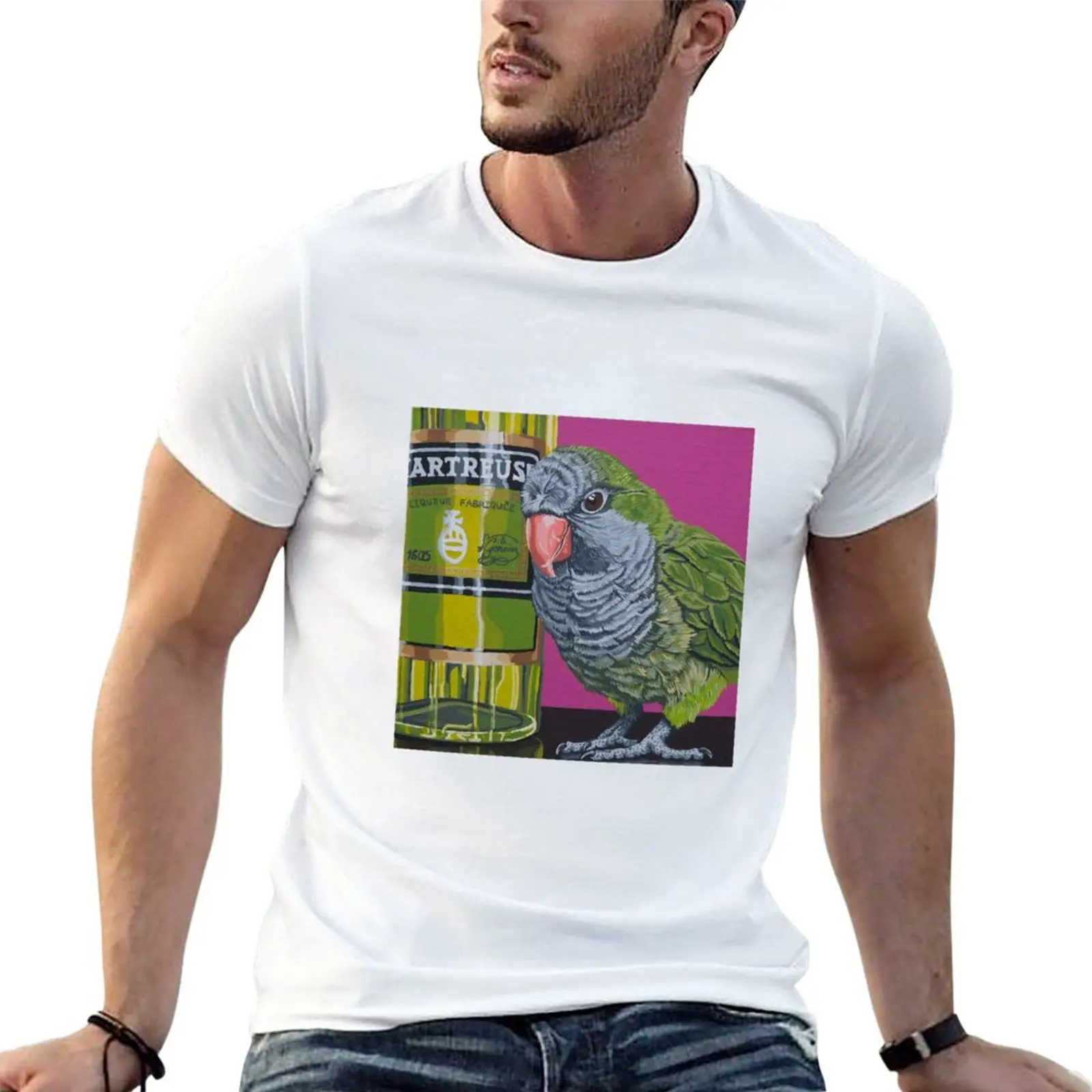 New Quaker Parrot Painting, Chartreuse Liquor Tiki Bar Parrot Cocktail Art T-Shirt Ragazzi T-Shirt Pianura T-Shirt Uomo T-Shirt