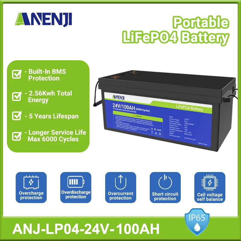 Lifepo4 100Ah 24V Batteria Integrata Bms Litio Ferro Fosfato Off-Grid Inverter Solare Batteria Ricaricabile Rv Boats