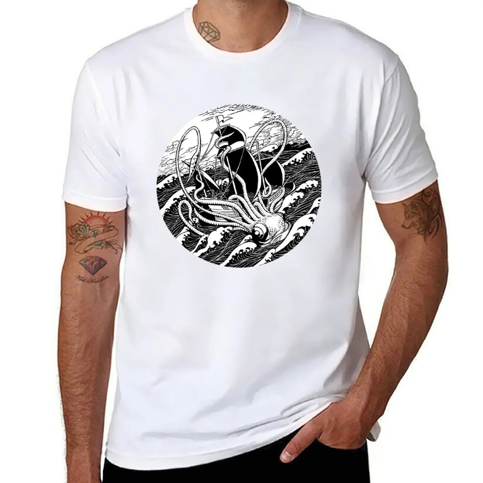 Kraken Woodcut T-Shirt Blanks Ragazzi Bianchi Anime Sublime Mens Clothes