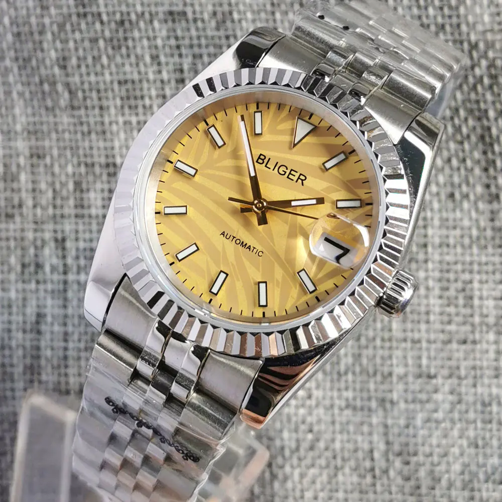 Bliger 39Mm Nh35A Palm White Yellow Dial Automatic Self Winding Cinturino Per Orologio Da Uomo Vite Luminosa Crown Baton Hand