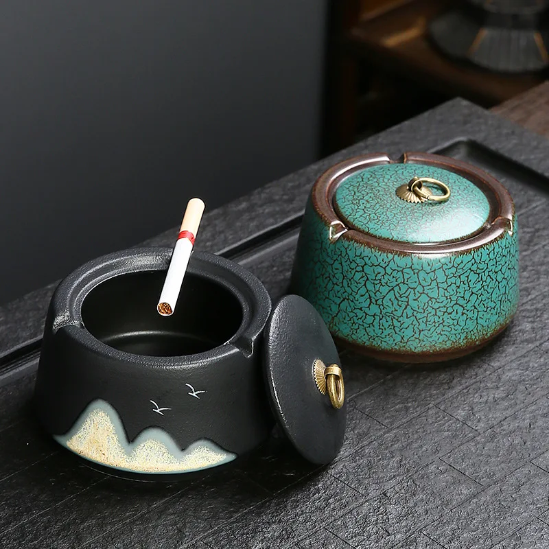 Creative Ceramic Ashtray Home Living Room Decoration Desktop Cigar Ashtray With Cover Anti-Flying Ash Chinese Smoking Tool