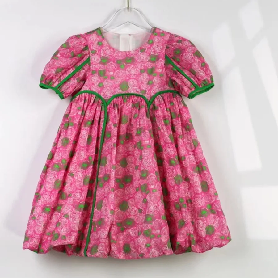 Summer Pink Floral Puffy Dress Elegante Lolita Child Little Girls Clothing Dress Bambini Dress For Teens Party Princess Sundress