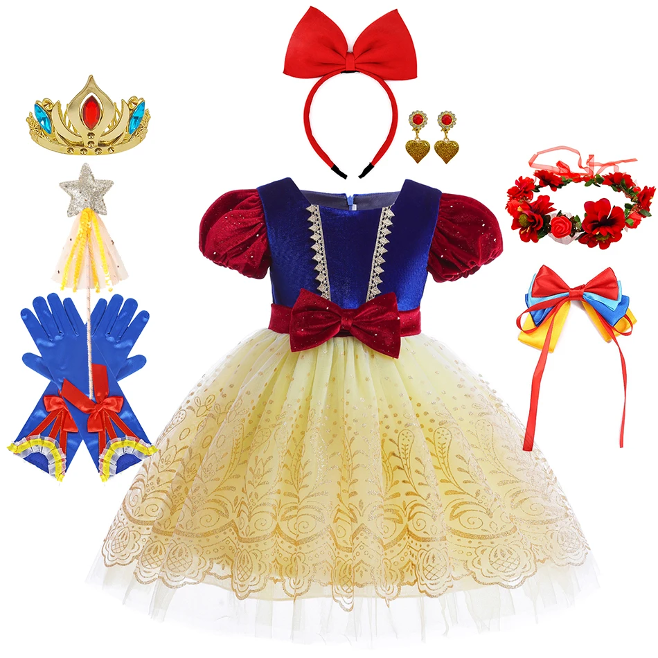 Bambini Snow White Dress Girls Velvet Bow Princess Costume Luxury Halloween Cosplay Outfit Fantasy Prom Gown Fairy Clothes