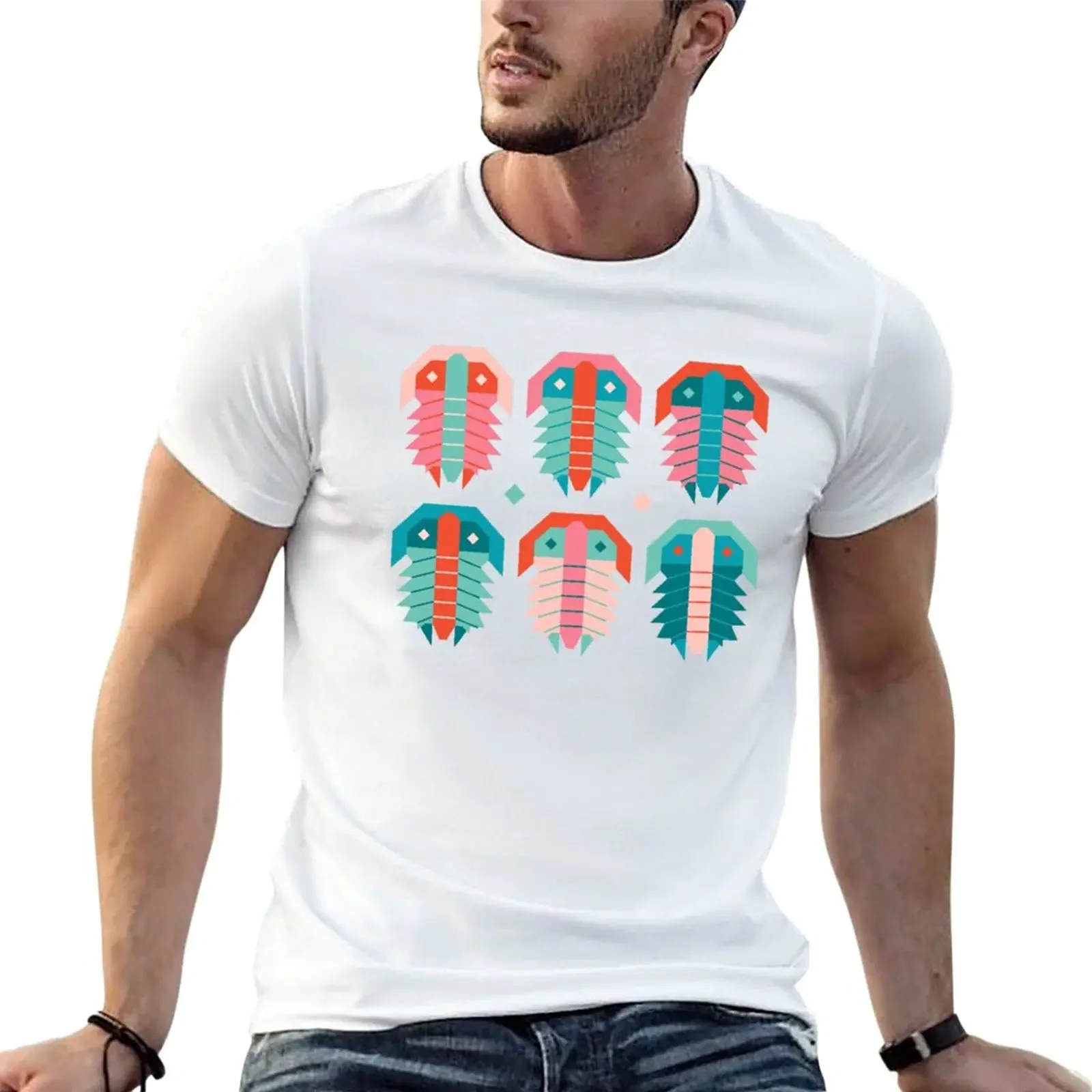 T-Shirt Geometrica Trilobite Fossile Folk Art - Coral And Aqua T-Shirt Vintage Ad Asciugatura Rapida Da Uomo