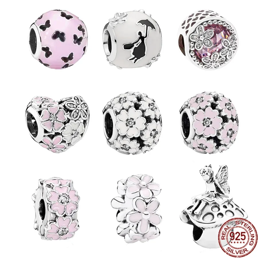 Vendita Calda 925 Sterling Silver Openwork Pink Daisy Flower & Butterfly Fairy Charm Beads Fit Original Pandora Bracciale Gioielli Regalo