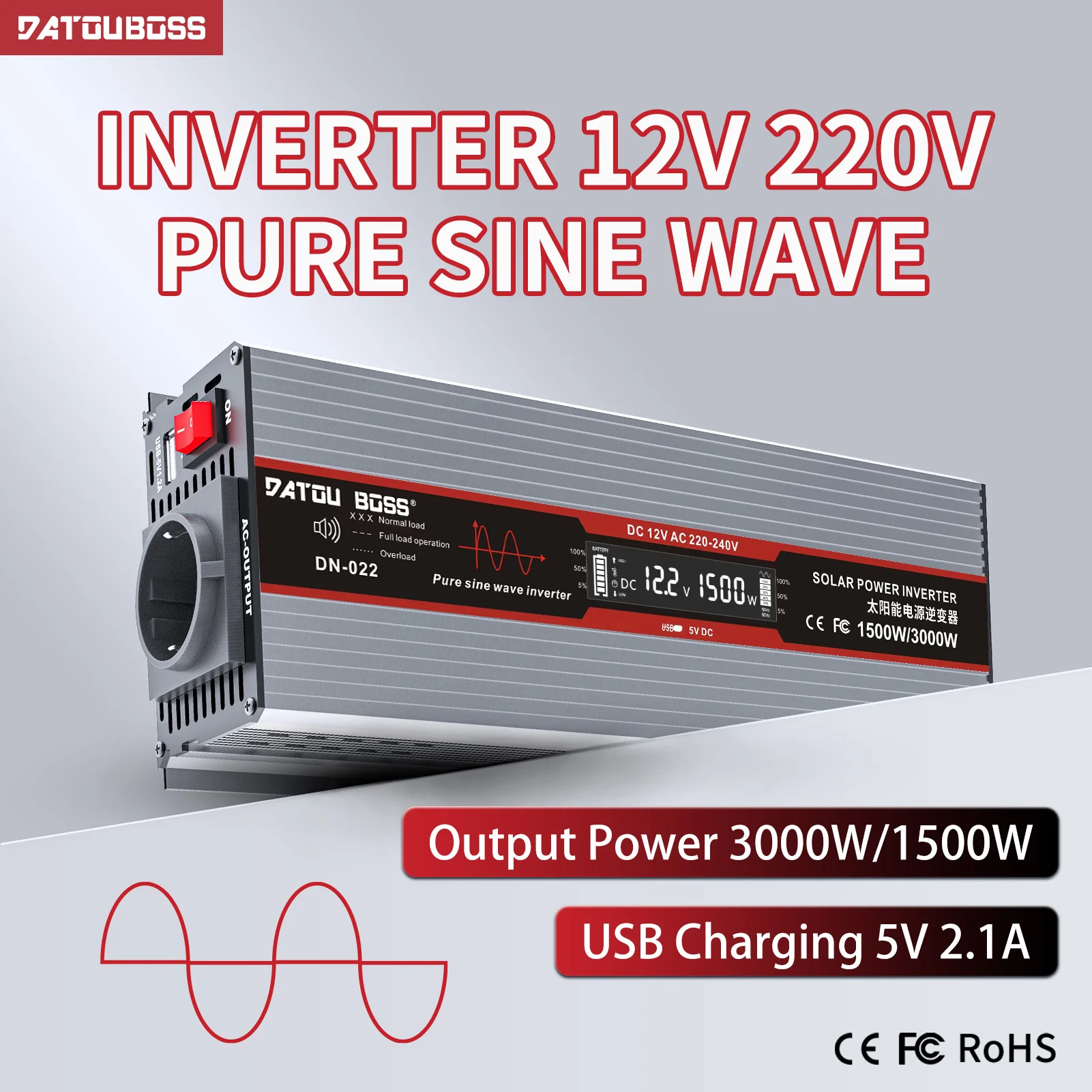 Datouboss Inverter A Onda Sinusoidale Pura Da 12V A 220V 50Hz Inverter 3000W Inverter Di Potenza Convertitore Di Tensione Potenza Continua 1500W