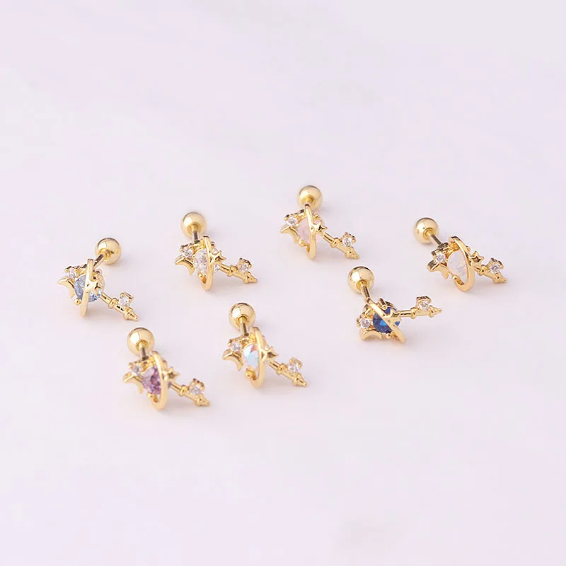 Guemcal 1 Paio Fashion Color Zircone Asta Fine In Acciaio Inossidabile Star Moon Screw Screw Ball Piercing Piercing Nails
